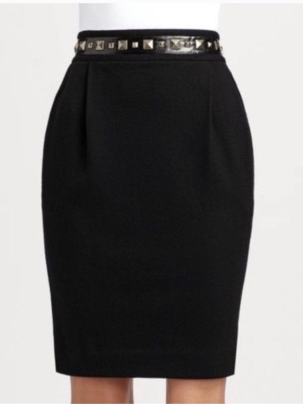 Tory Burch Black Wool Pencil Skirt Studded Waist Leather Trim Pockets Size Large